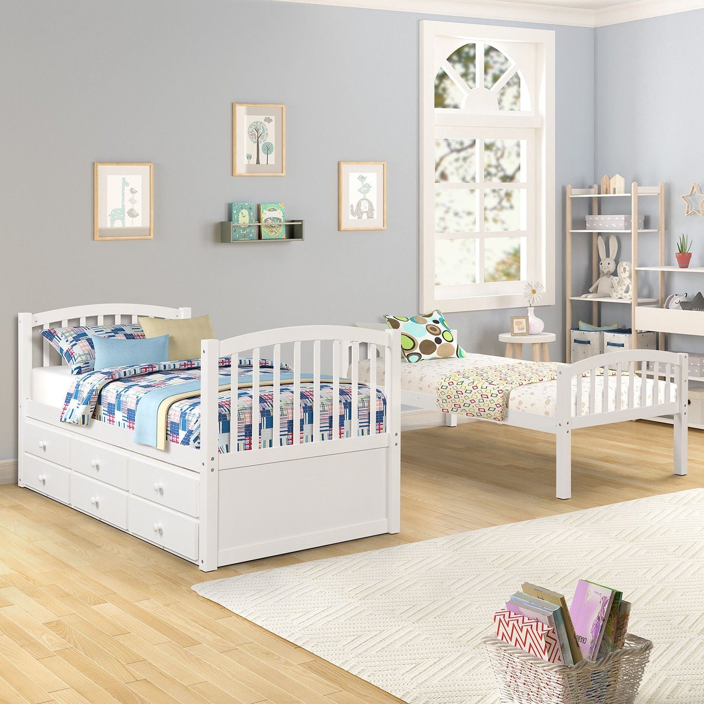 Shared Room Solution Twin Wood Bunk Bed with Ladder, Safety Rail, Twin Trundle and 3 Drawers, White | Just Better Bunk Beds