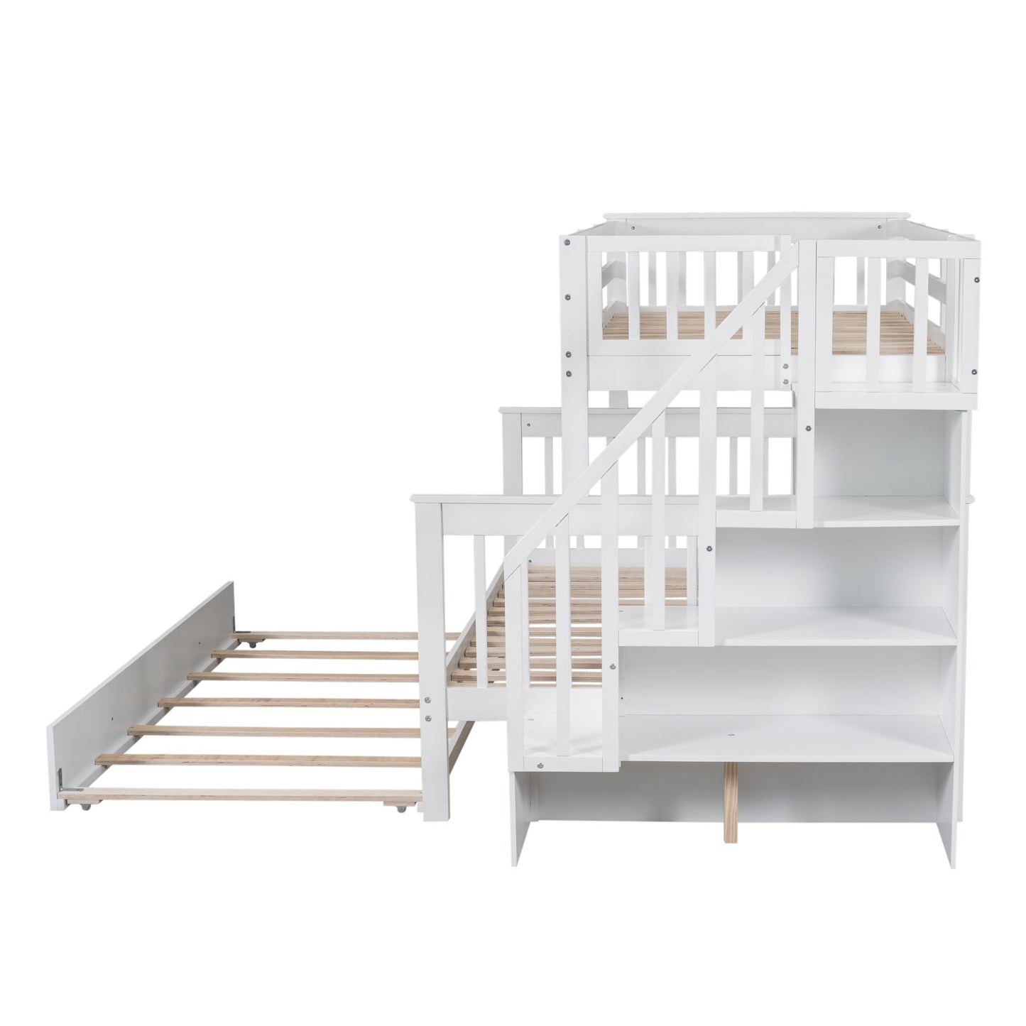 Heavy-Duty Twin Over Full Wood Bunk Bed with Twin Trundle, Storage and Guard Rail, White | Just Better Bunk Beds