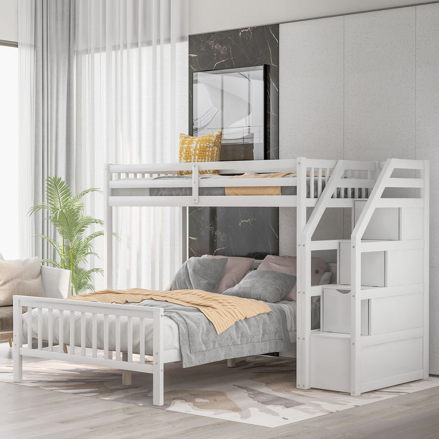 Space-Saving Twin Over Full Wood Loft Bed with Staircase, Gray | Just Better Bunk Beds