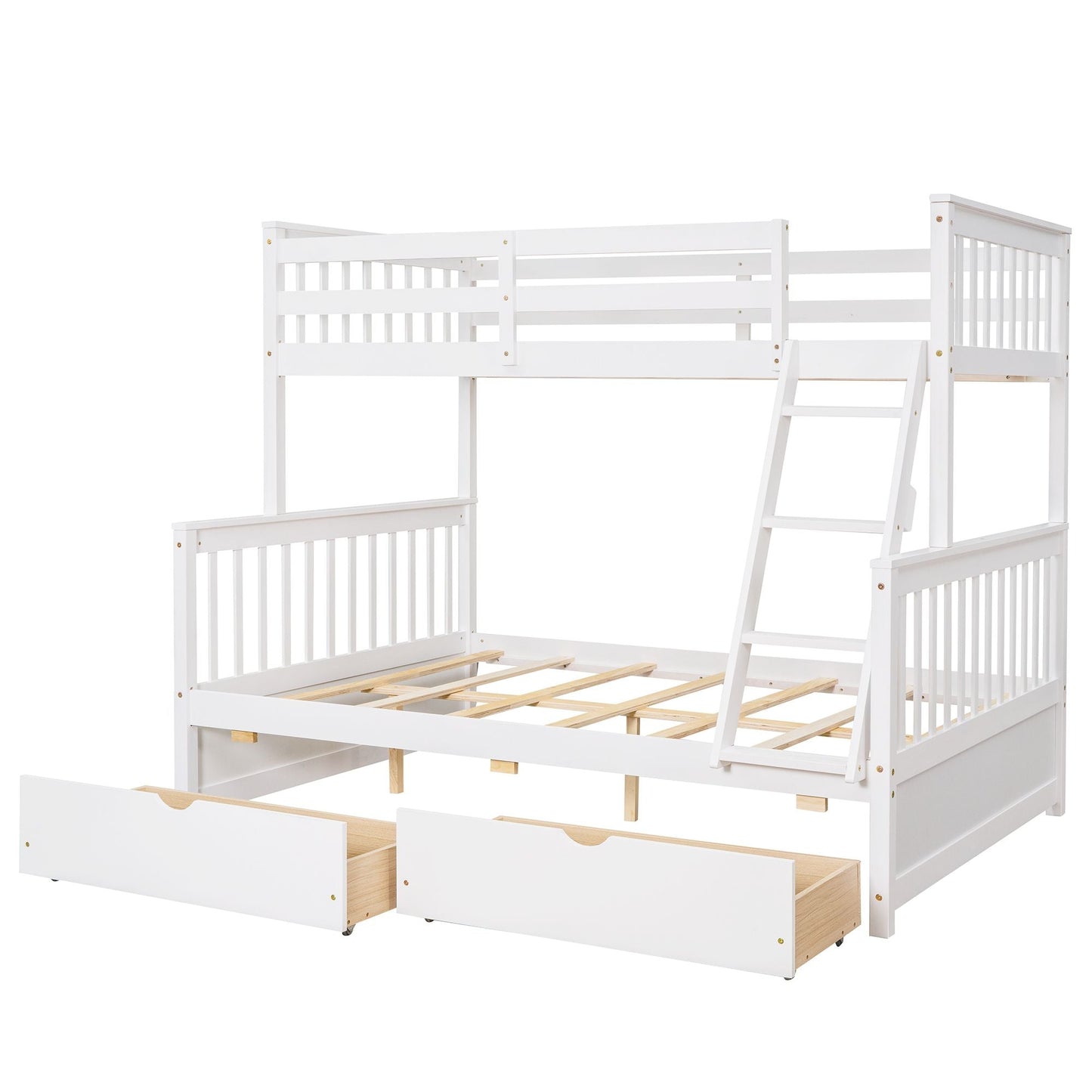 Heavy-Duty Twin Over Full Wood Bunk Bed with Ladders and Two Storage Drawers, White | Just Better Bunk Beds