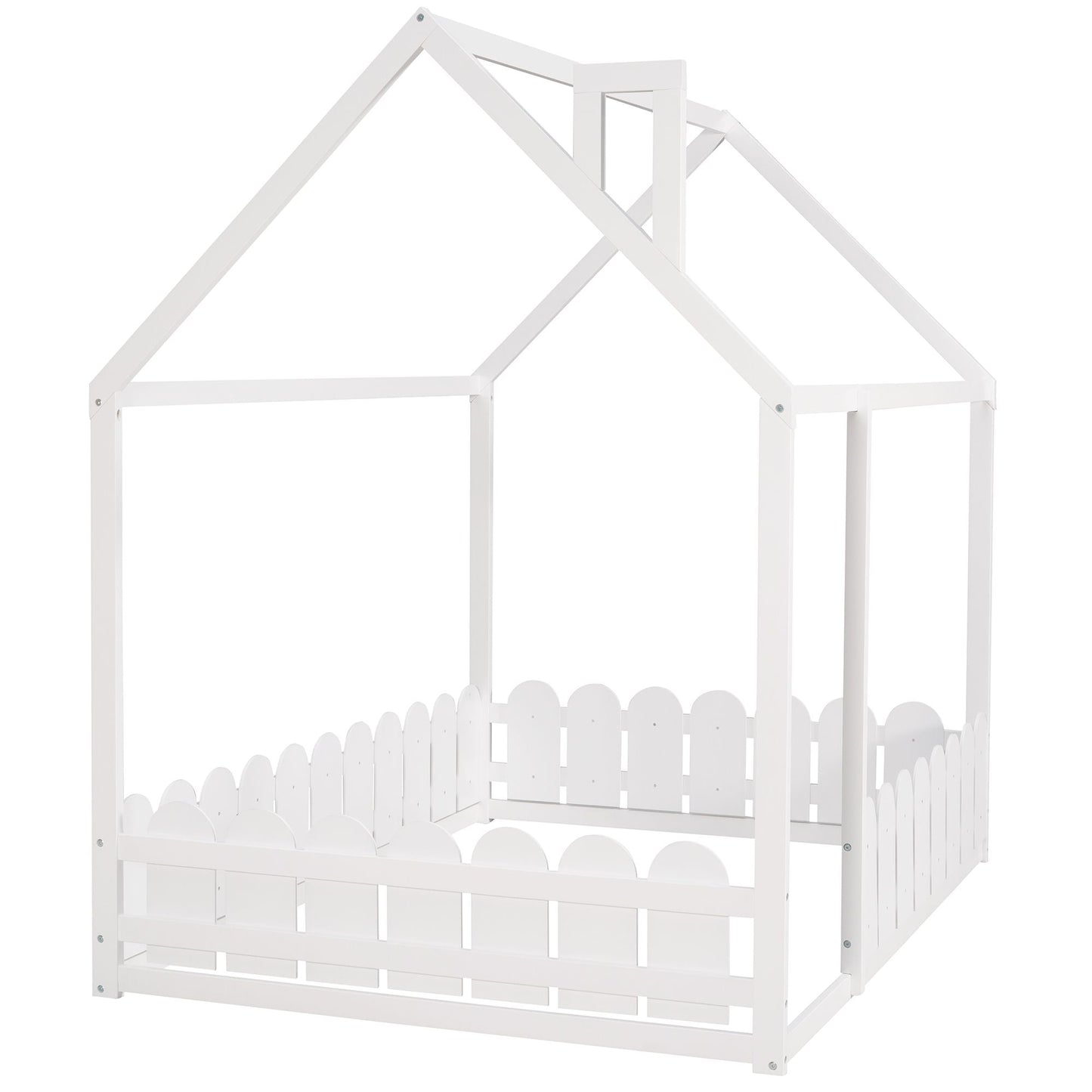 Kids Bedroom Full Wood Bed Frame with Protective Fence, White | Just Better Bunk Beds