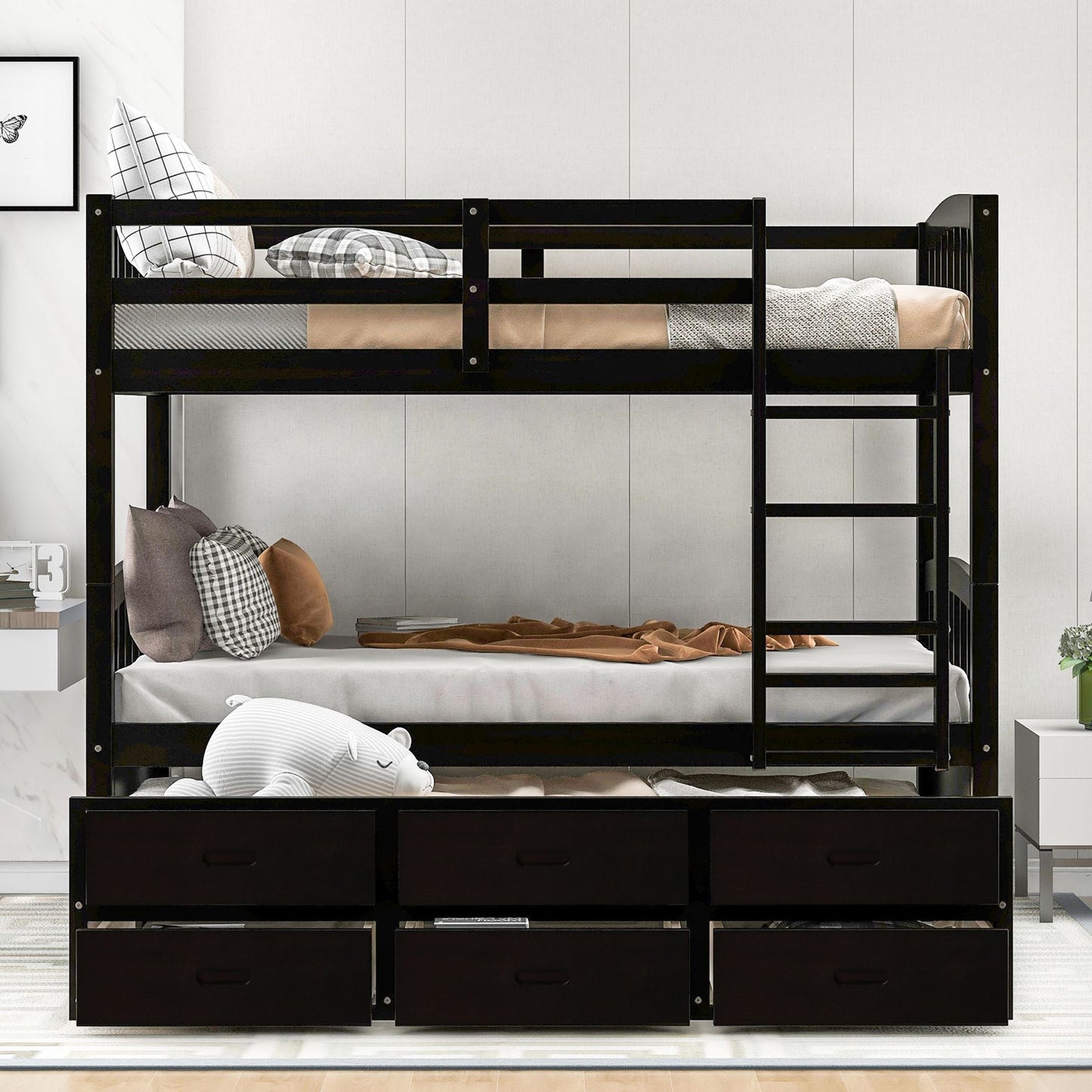 Shared Room Solution Twin Over Twin Wood Bunk Bed with Trundle and Drawers, Espresso | Just Better Bunk Beds