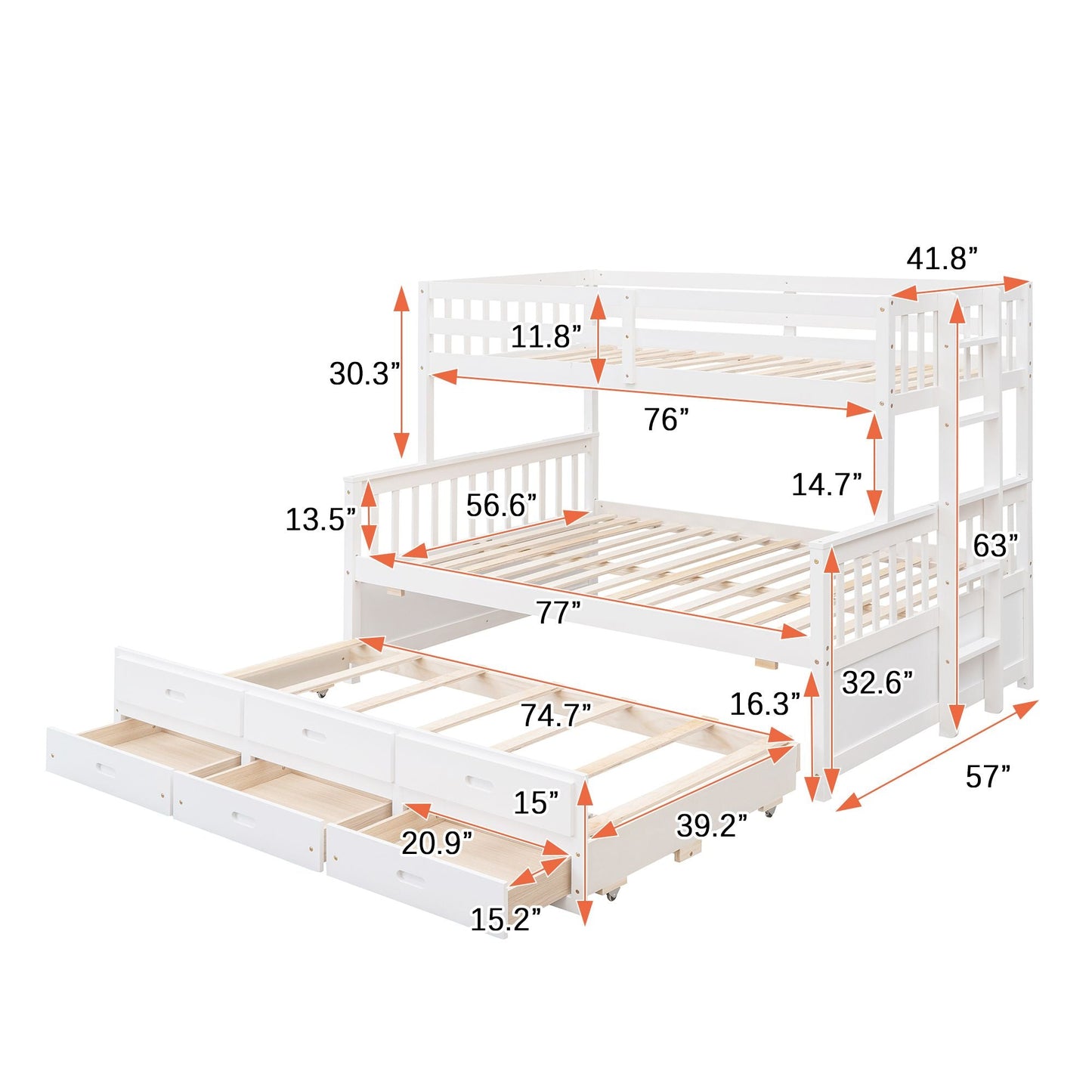 Separable Twin Over Full Wood Bunk Bed with Twin Trundle and Drawers, White | Just Better Bunk Beds