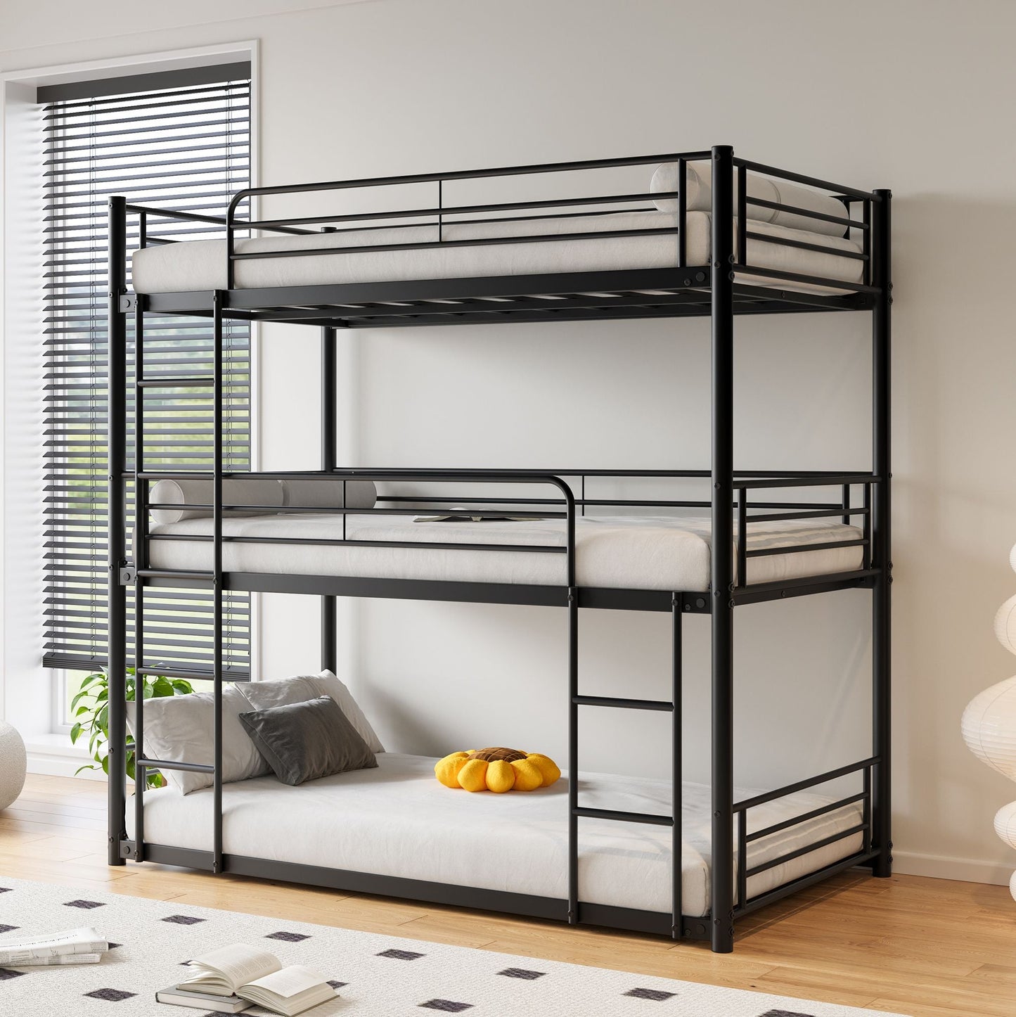 Heavy-Duty Triple Twin Over Twin Over Twin Metal Bunk Bed with Platform Frame and Guard Rail, Black | Just Better Bunk Beds