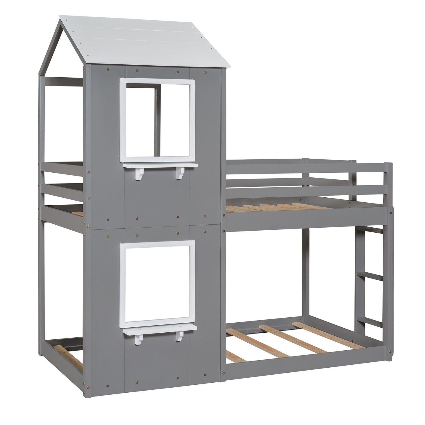 Twin Over Twin Bunk Bed Wood Bed with Roof,  Window,  Guardrail,  Ladder White
