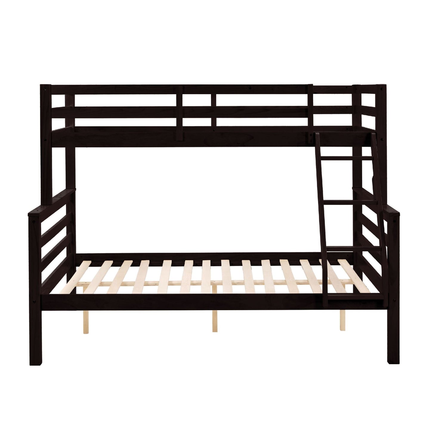 Durable Twin Over Full Wood Bunk Bed with Thick Posts, High Guardrail, Ladder, Espresso | Just Better Bunk Beds