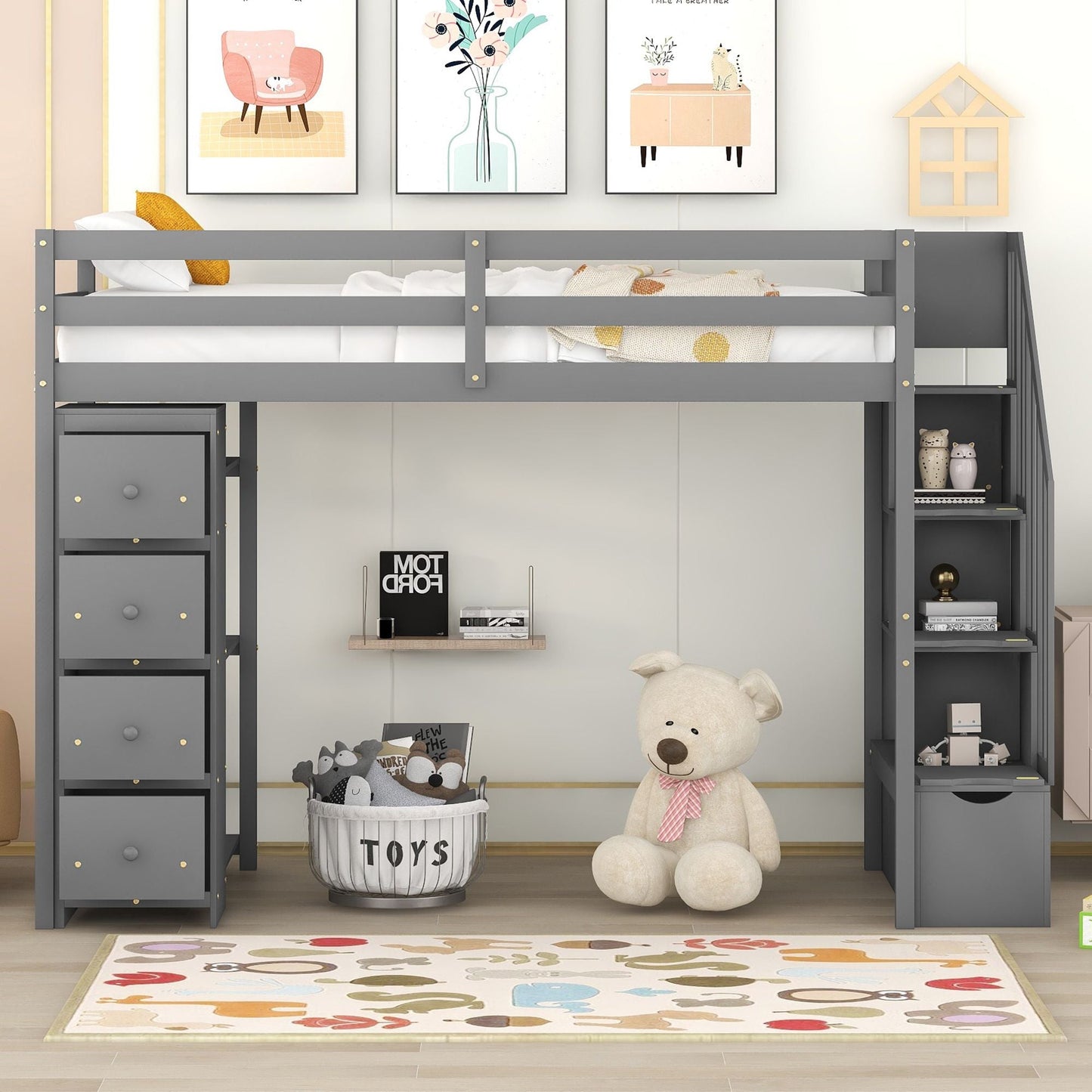 Kids Bedroom Twin Wood Loft Bed with Storage Drawers and Stairs, Espresso | Just Better Bunk Beds