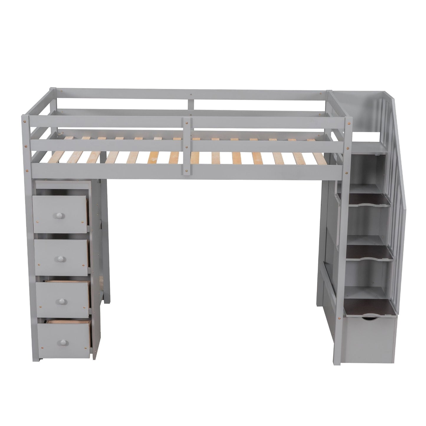 Kids Bedroom Twin Wood Loft Bed with Storage Drawers and Stairs, Espresso | Just Better Bunk Beds