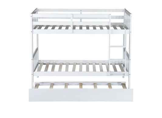 Convertible Twin Over Twin Rubber Wood Bunk Bed with Trundle, Ladder, and Safety Guardrails, White | Just Better Bunk Beds