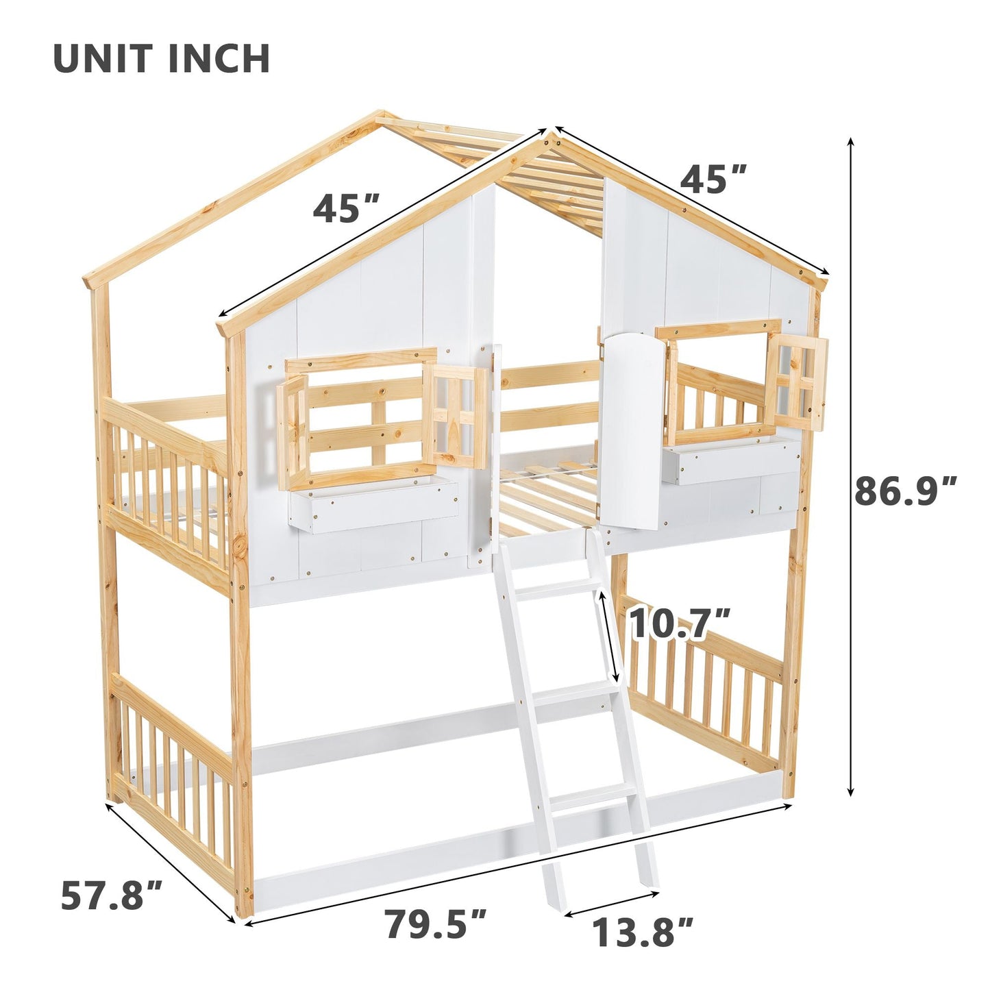 House-Style Twin Over Twin Wood Bunk Bed with Roof, Window, Door, and Ladder, Multiple Colors | Just Better Bunk Beds