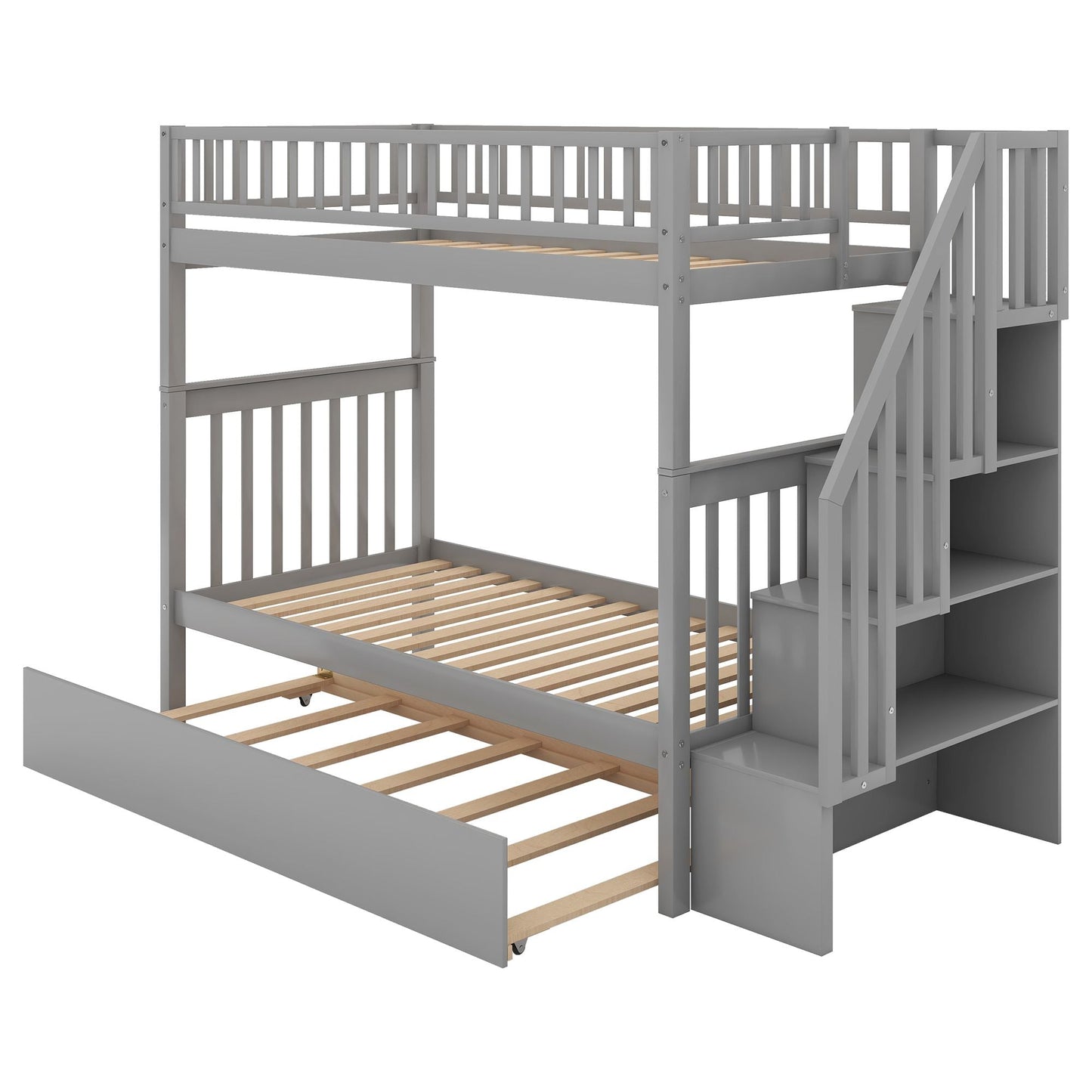Storage-Enhanced Twin Over Twin Wood Bunk Bed with Trundle, Gray | Just Better Bunk Beds
