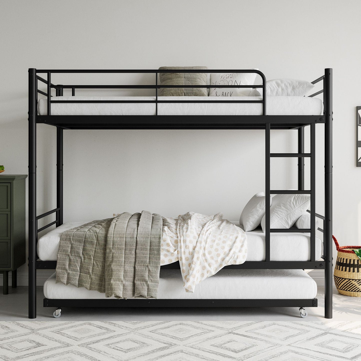 Space-Saving Twin Metal Bunk Bed with Trundle, Ladder, and Guardrail, Black | Just Better Bunk Beds
