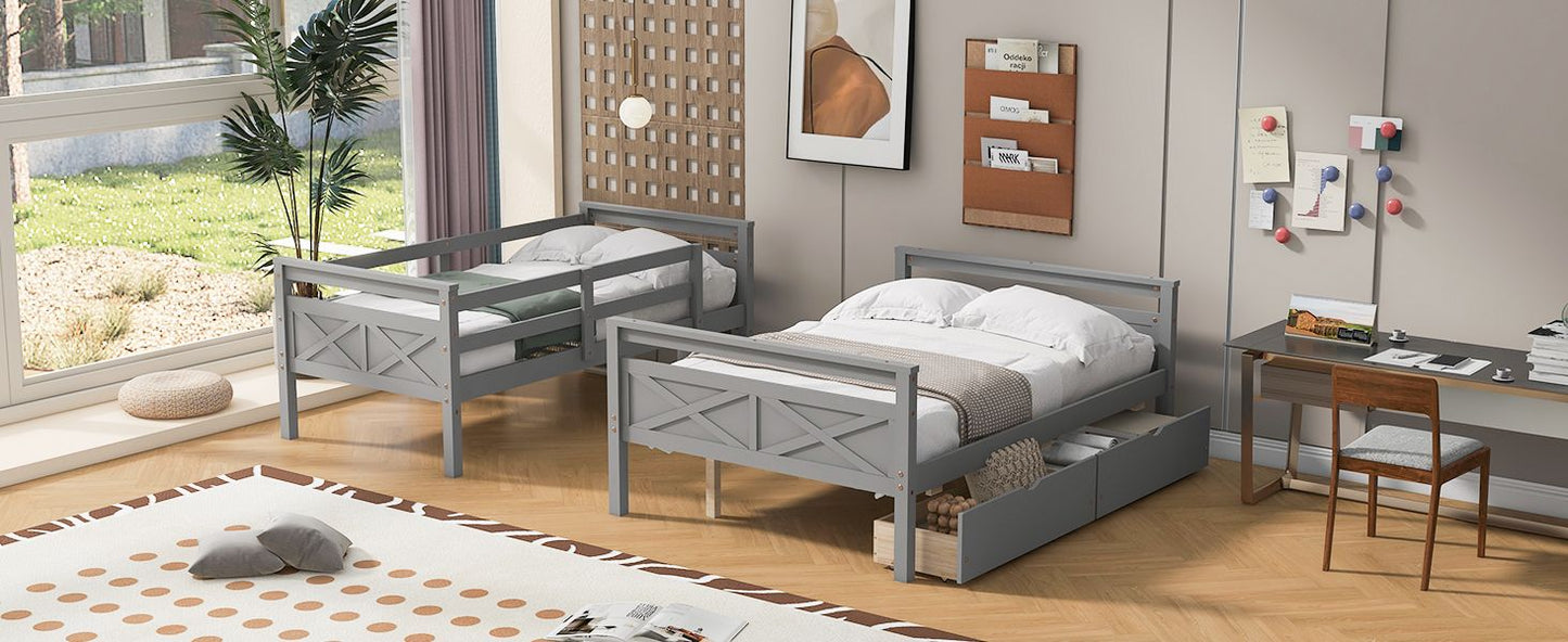 Heavy-Duty Twin Over Full Wood Bunk Bed with Ladder, Storage Drawers, Safety Guardrail, Gray | Just Better Bunk Beds