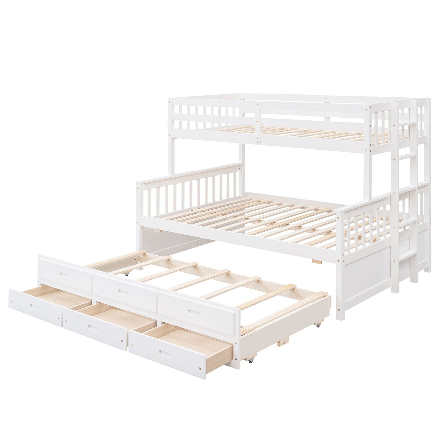 Separable Twin Over Full Wood Bunk Bed with Twin Trundle and Drawers, White | Just Better Bunk Beds