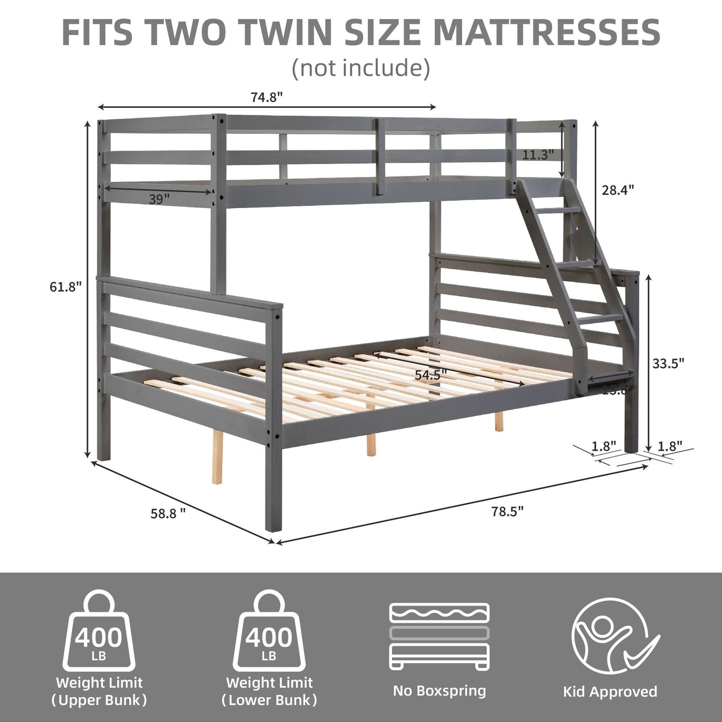 Shared Room Solution Twin Over Full Wood Bunk Bed, Gray with Ladder and High Guardrail | Just Better Bunk Beds