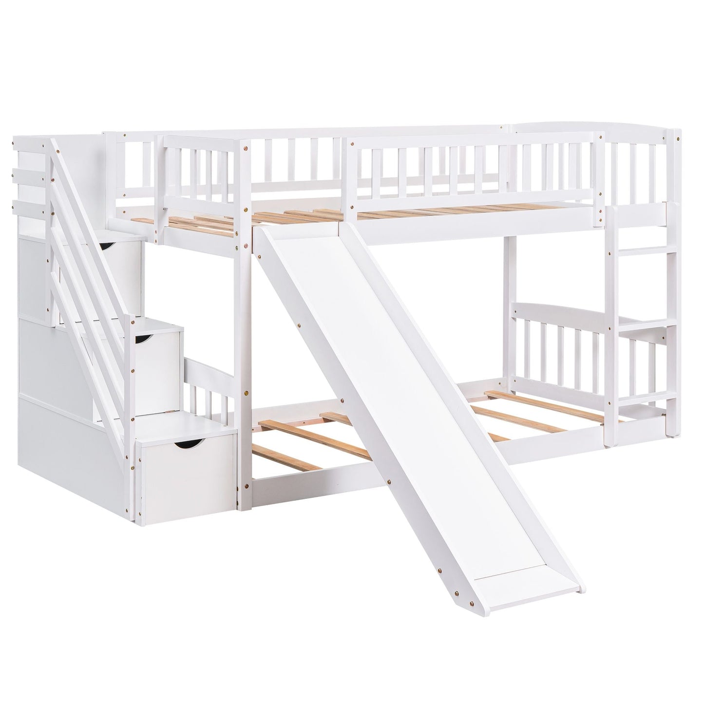 Stairway Twin over Twin Bunk Bed with Two Drawers and Slide,  White