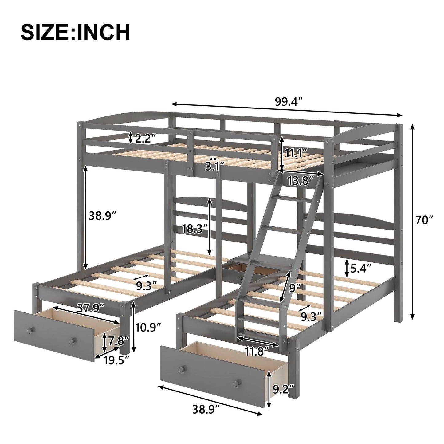Triple Bunk Full Over Twin Over Twin Wood Bed with Drawers, Gray | Just Better Bunk Beds