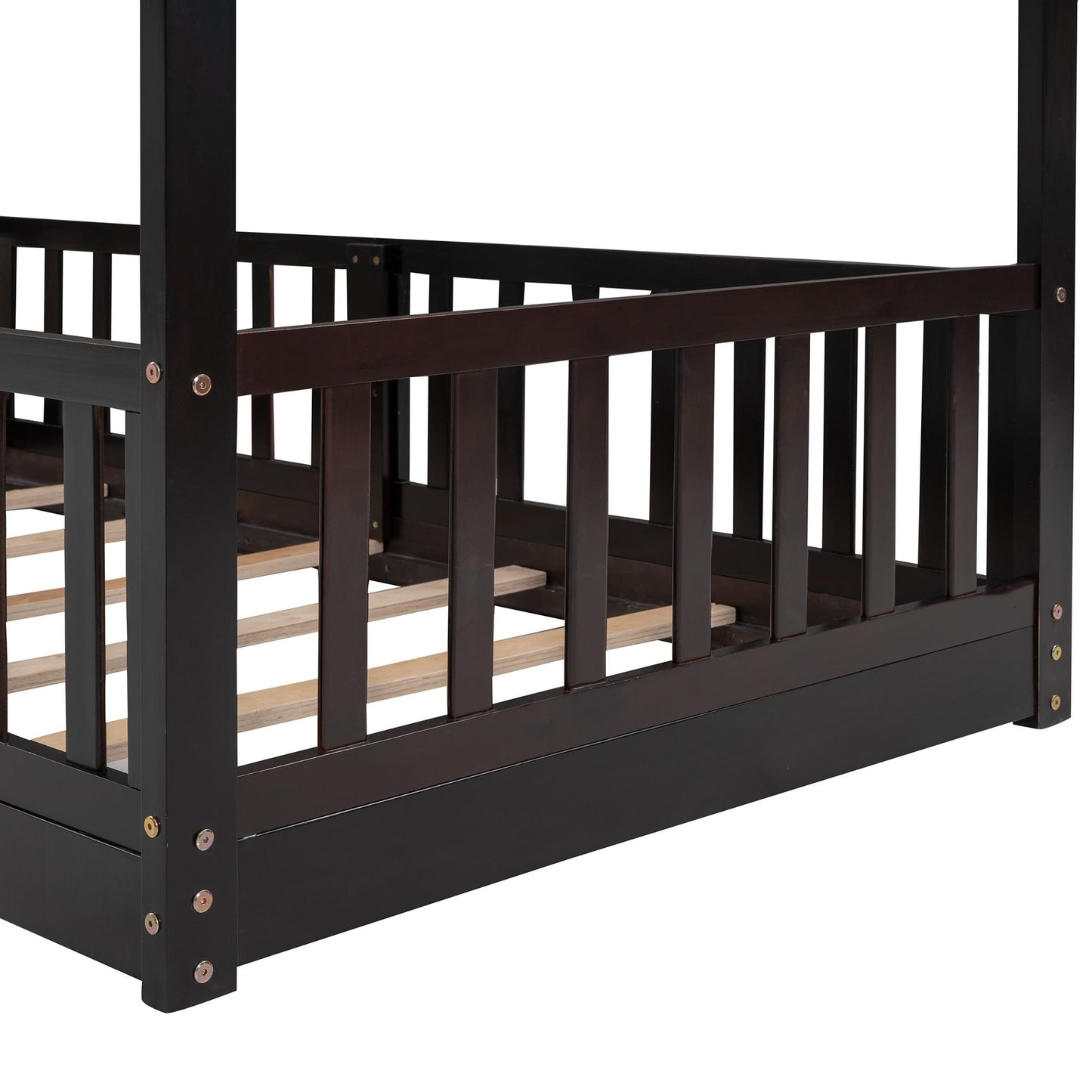 Kids Bedroom Twin Over Twin Wood Bunk Bed with Slide and Ladder, Espresso | Just Better Bunk Beds