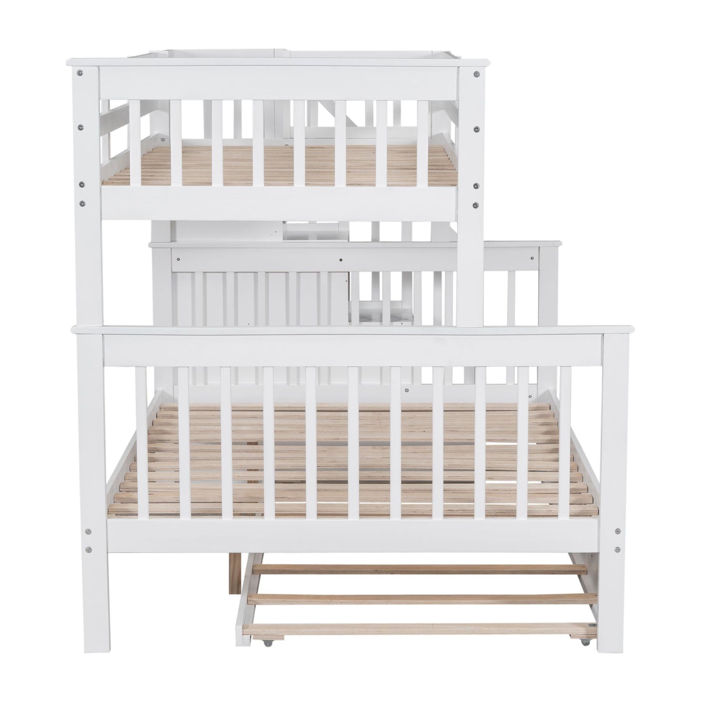 Staircase Storage Twin Over Full Wood Bunk Bed with Trundle, Storage, and Guard Rail, White | Just Better Bunk Beds
