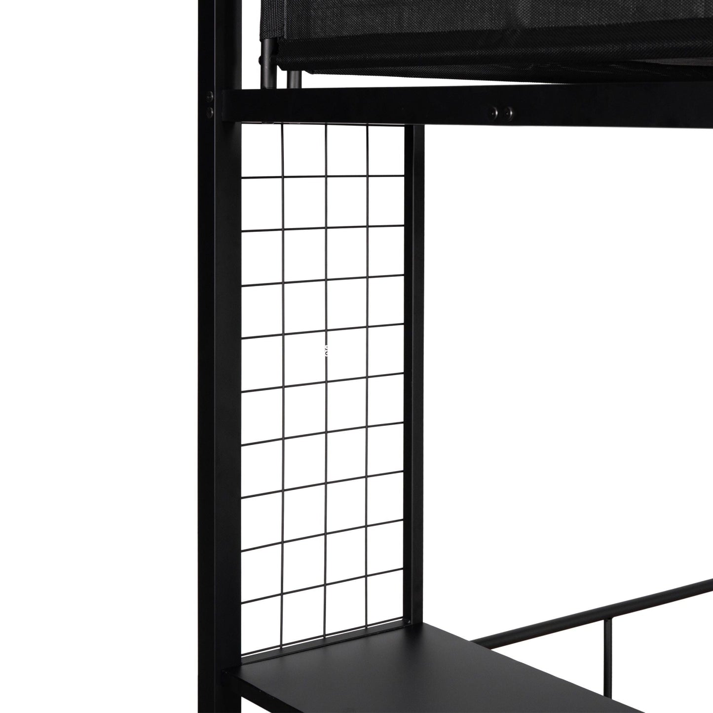 Heavy-Duty Twin Over Full Metal and Wood Bunk Bed with Shelves, Grid Panel, and Noise-Free Wood Slats, Black | Just Better Bunk Beds