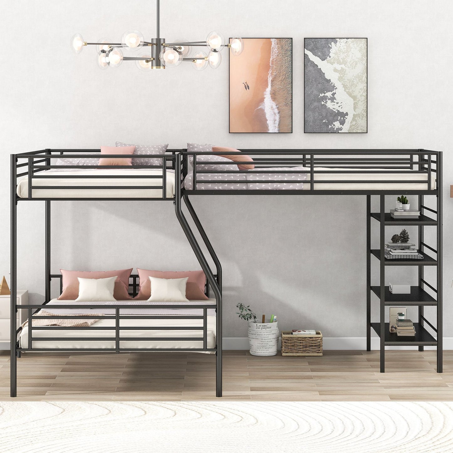 L-Shaped Twin Over Full Metal Bunk Bed with Loft and Four Built-In Shelves, Black | Just Better Bunk Beds
