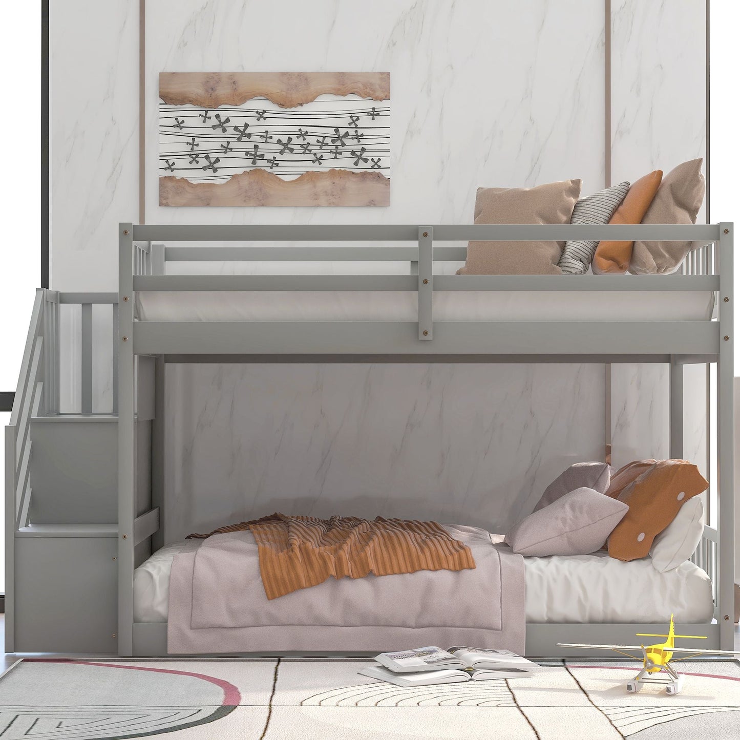 Floor-Level Twin Over Twin Wood Bunk Bed with Ladder and Storage, White | Just Better Bunk Beds