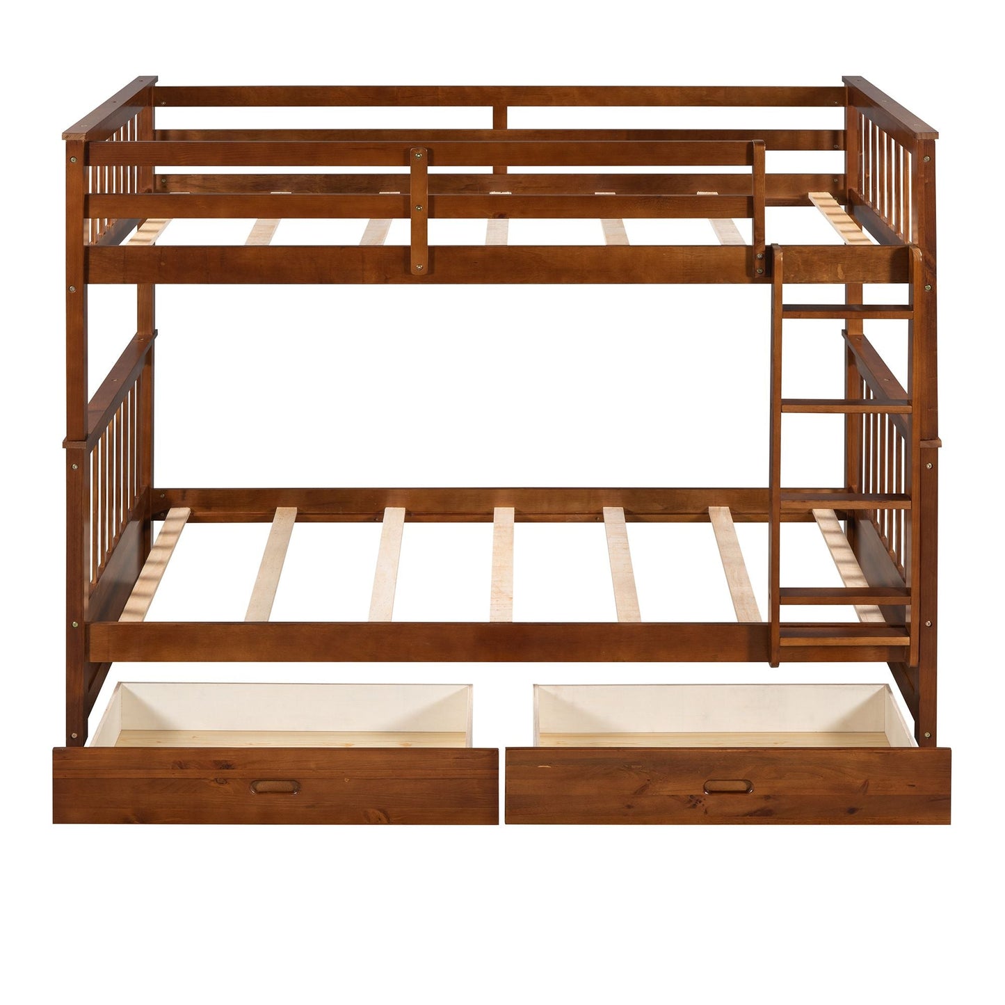 Organized Twin Over Twin Wood Bunk Bed with Ladders and Two Storage Drawers, Walnut | Just Better Bunk Beds