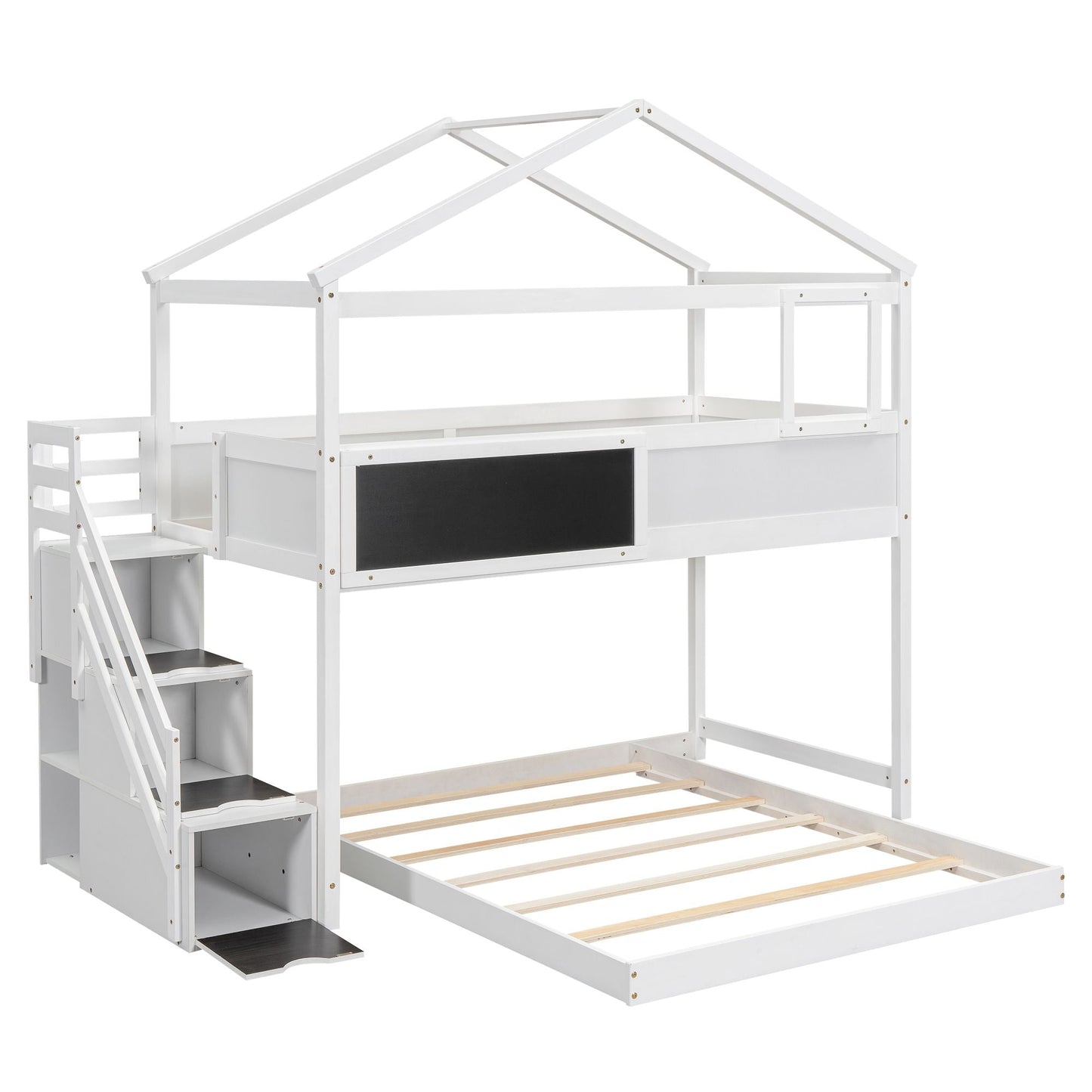 Staircase Storage Twin Over Full Wood House Bunk Bed with Blackboard, Gray and White | Just Better Bunk Beds