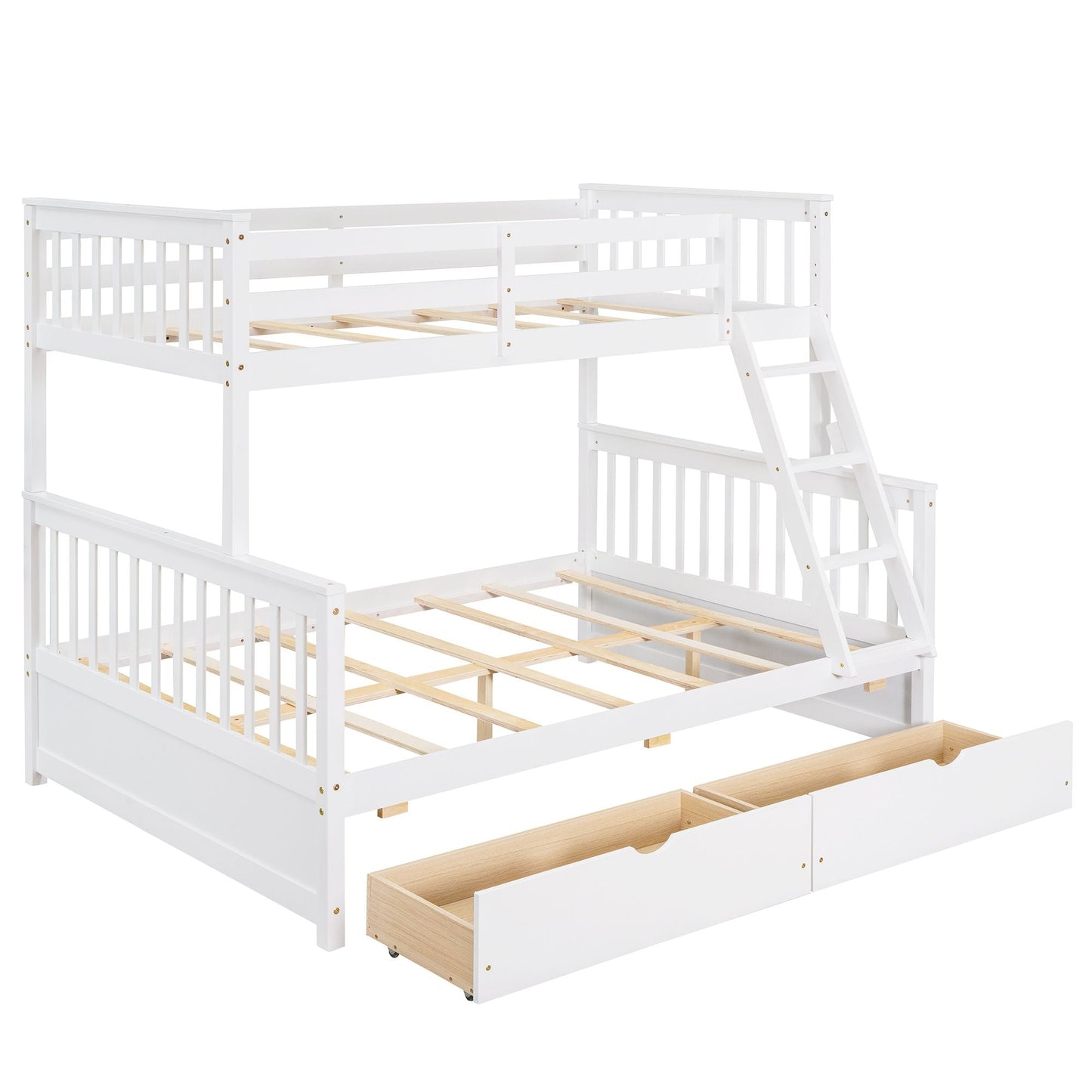 Heavy-Duty Twin Over Full Wood Bunk Bed with Ladders and Two Storage Drawers, White | Just Better Bunk Beds