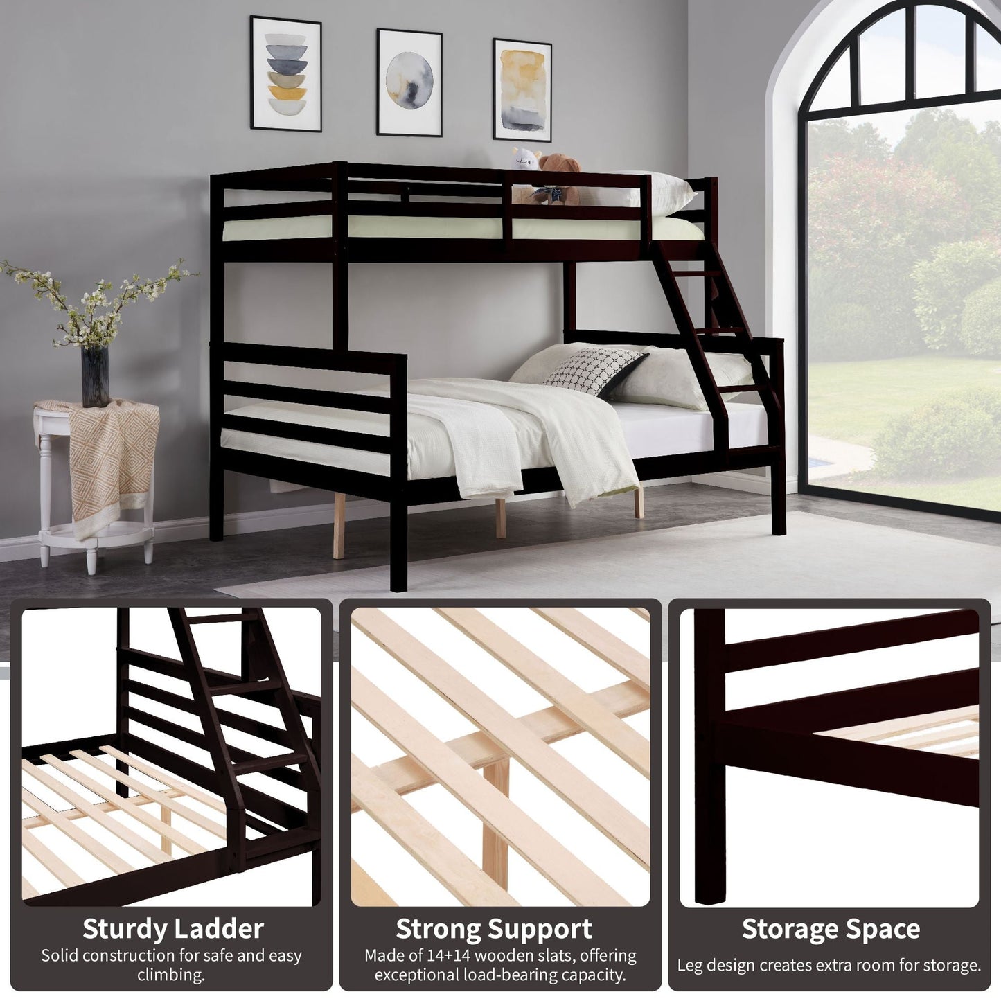 Dorm Room Twin Over Full Wood Bunk Bed with Ladder and Guardrail, Espresso | Just Better Bunk Beds