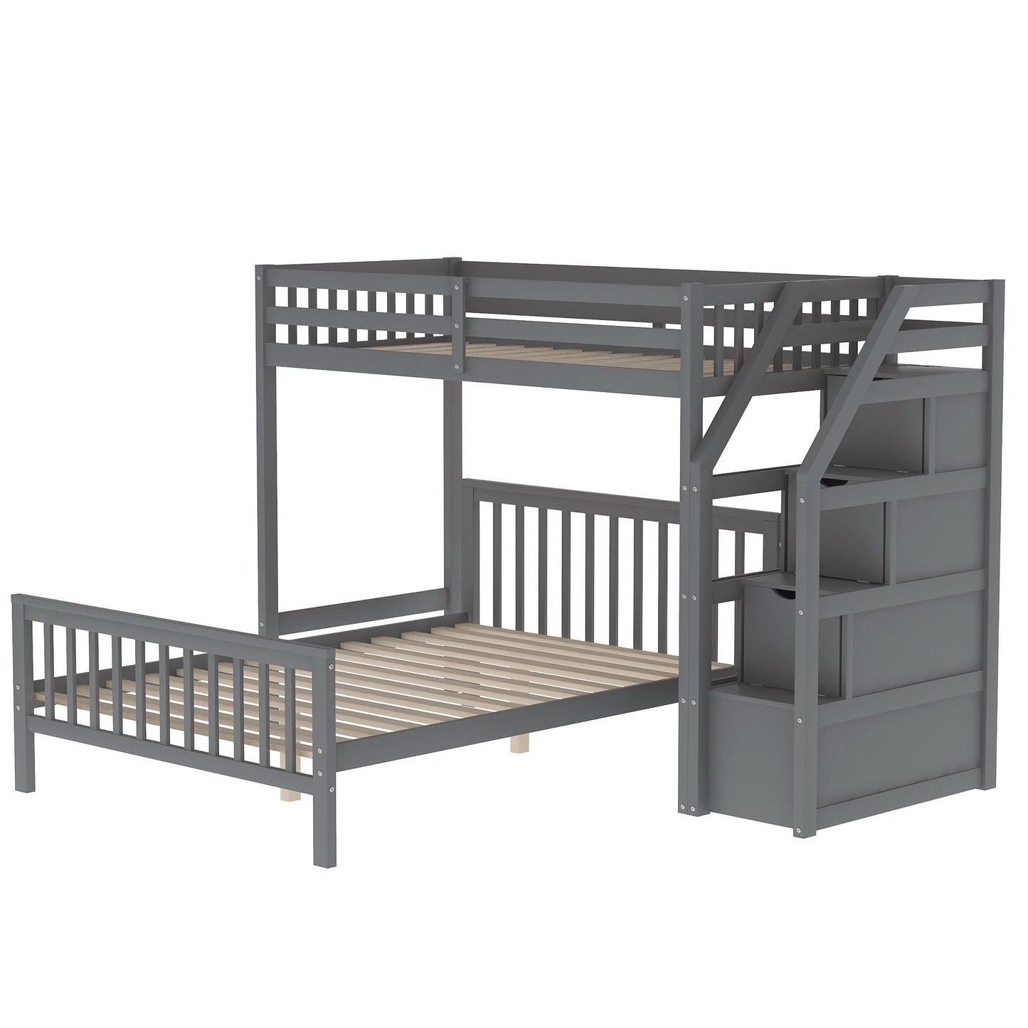 Space-Saving Twin Over Full Wood Loft Bed with Staircase, Gray | Just Better Bunk Beds
