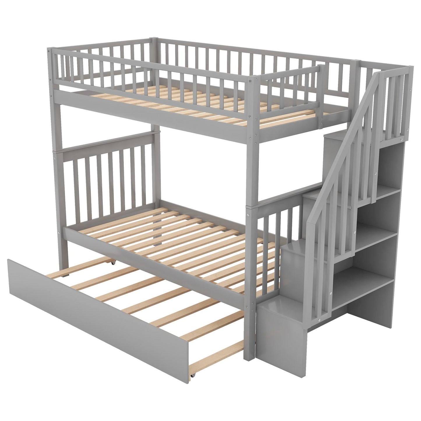 Storage-Enhanced Twin Over Twin Wood Bunk Bed with Trundle, Gray | Just Better Bunk Beds