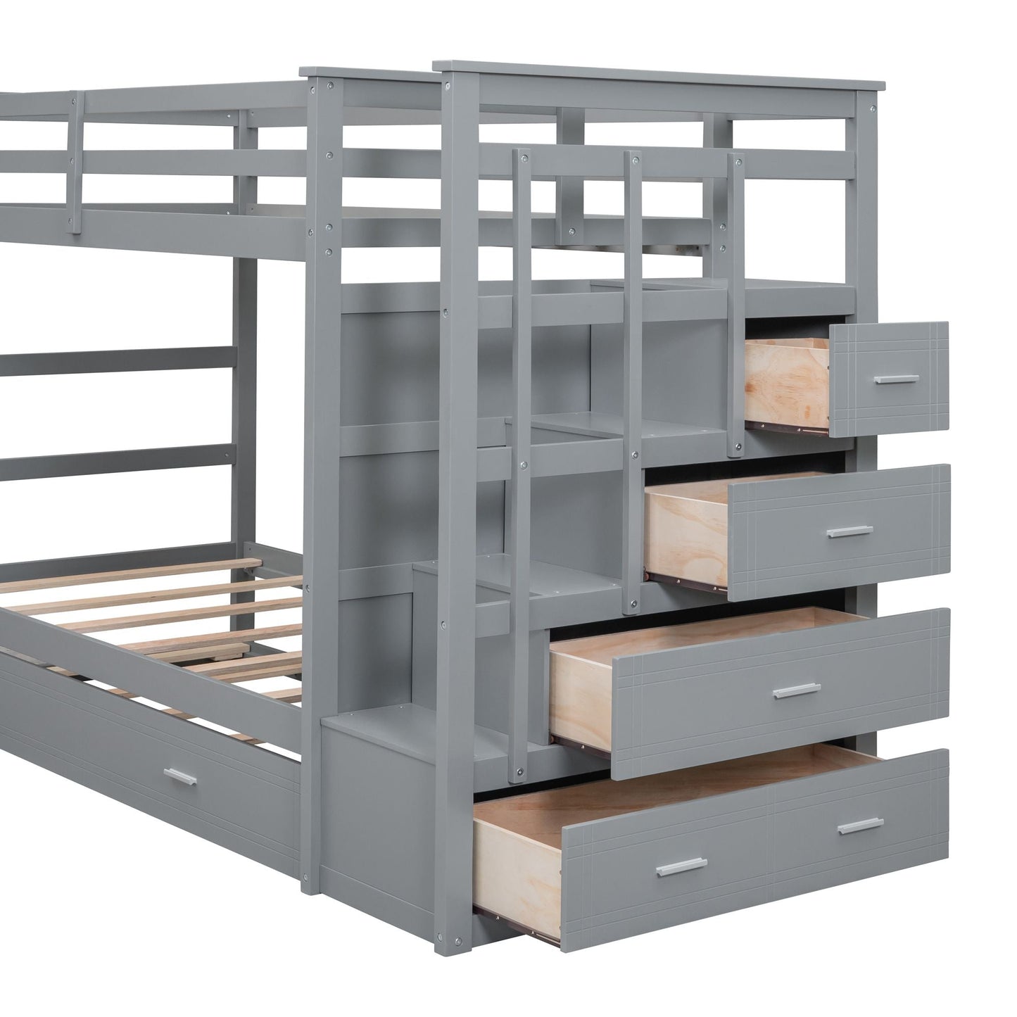 Shared Room Solution Twin Over Twin Wood Bunk Bed with Trundle and Staircase, Gray | Just Better Bunk Beds