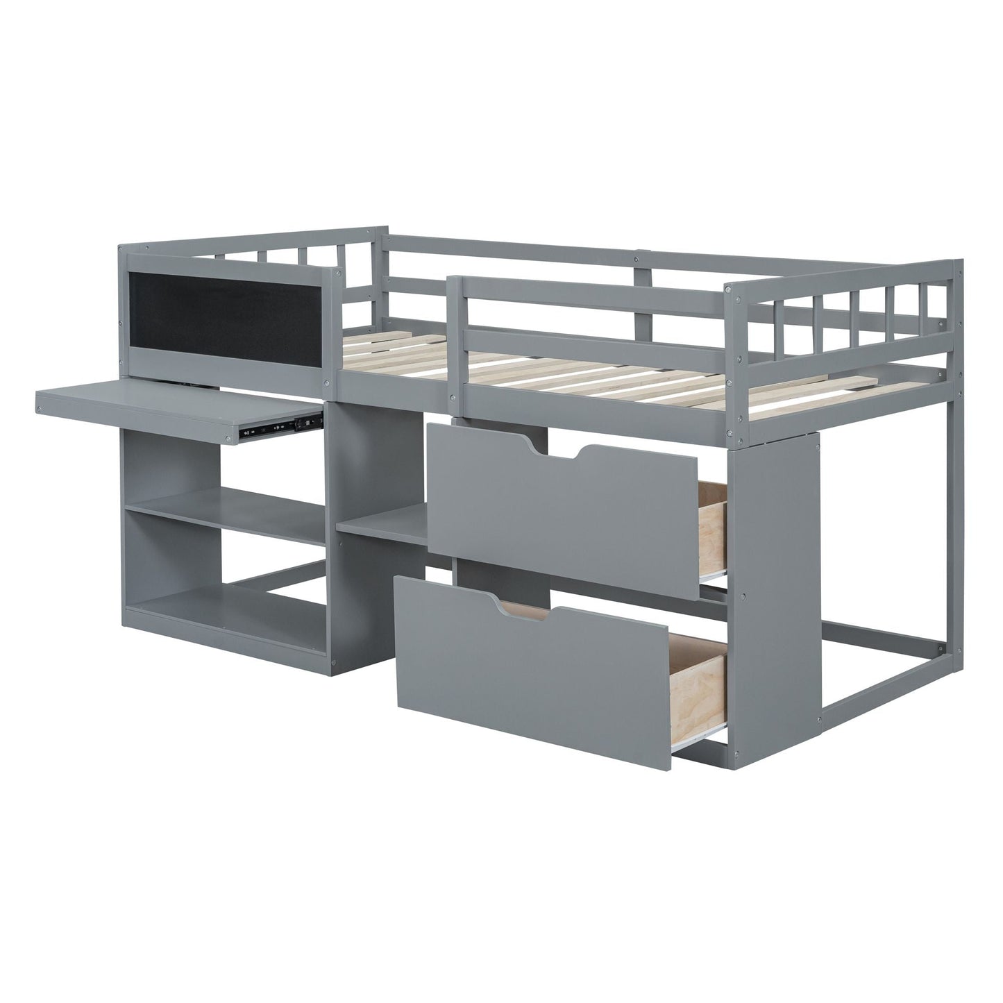 Space-Saving Twin Low Loft Wood Bed with Rolling Desk, Shelf, Drawers, White | Just Better Bunk Beds