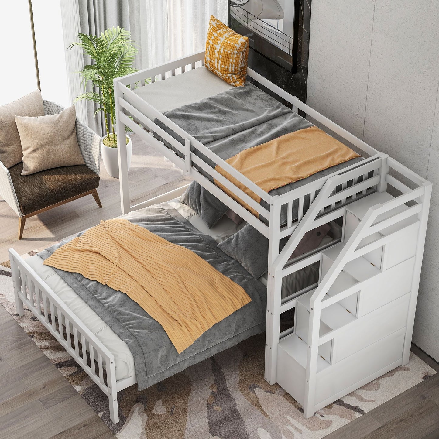 Space-Saving Twin Over Full Wood Loft Bed with Staircase, Gray | Just Better Bunk Beds