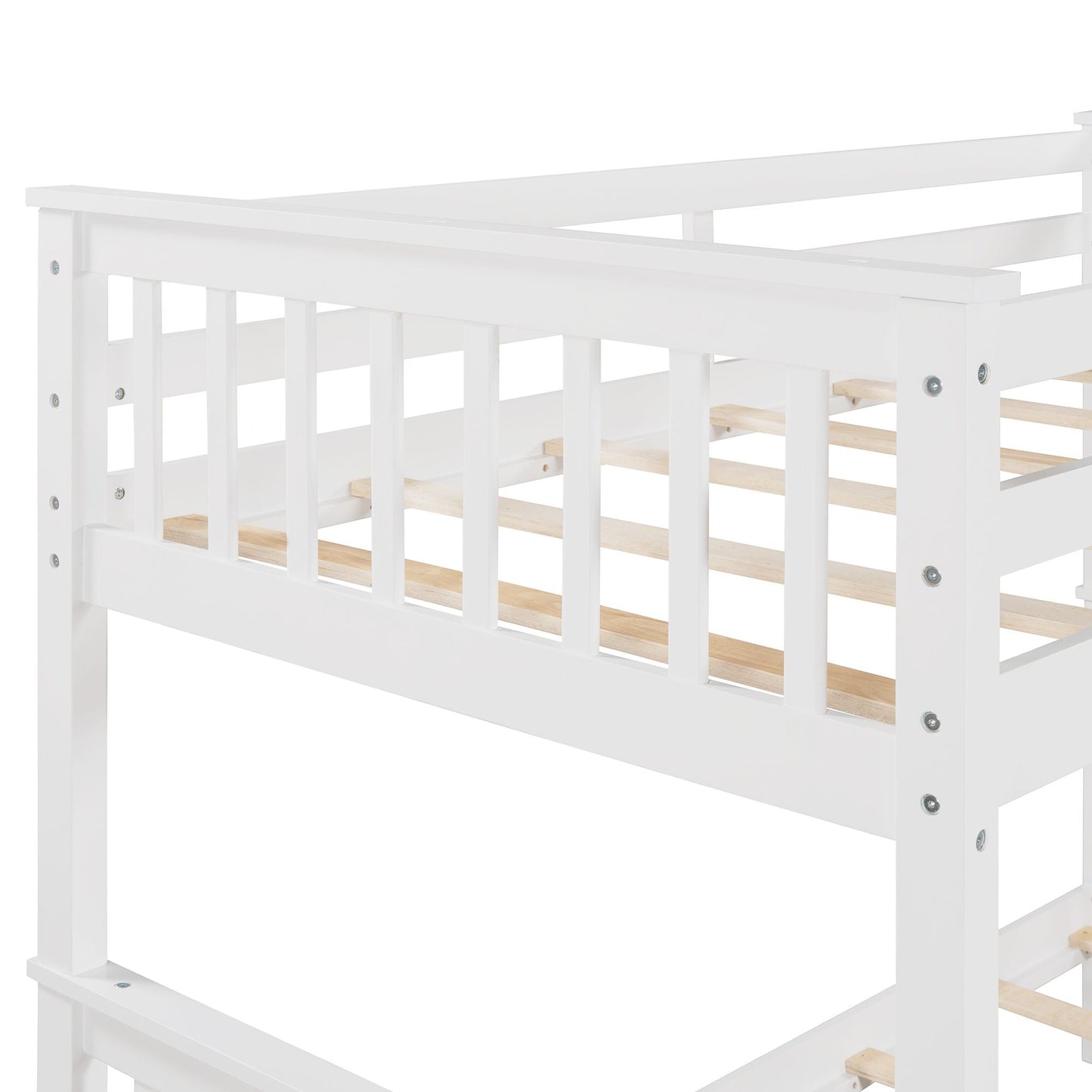 Storage-Enhanced Twin Over Twin Wood Bunk Bed with Ladders, Two Drawers, White | Just Better Bunk Beds