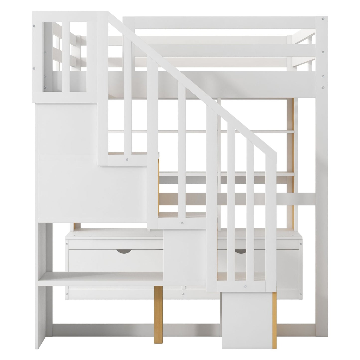 Space-Saving Full Wood Loft Bed with Desk, Shelves, Drawers, Storage Staircase, White and Natural | Just Better Bunk Beds