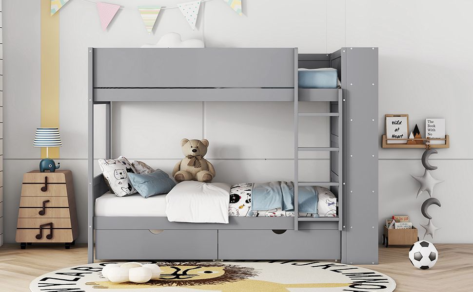 Twin over Twin Bunk Bed With 2 Drawers and Multi-layer Cabinet,  Gray