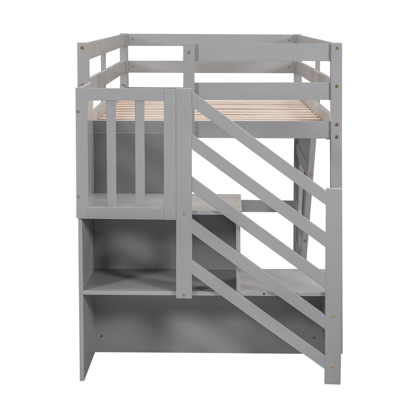 Space-Saving Twin Loft Wood Bed with Storage Staircase and Window, White | Just Better Bunk Beds