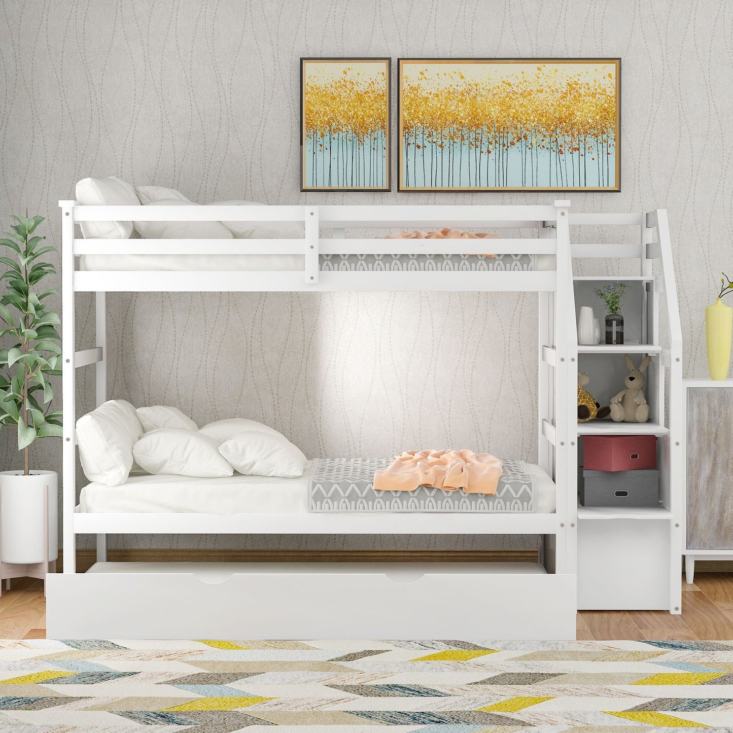 Twin-Over-Twin Bunk Bed with Twin Size Trundle and 3 Storage Stairs,  White