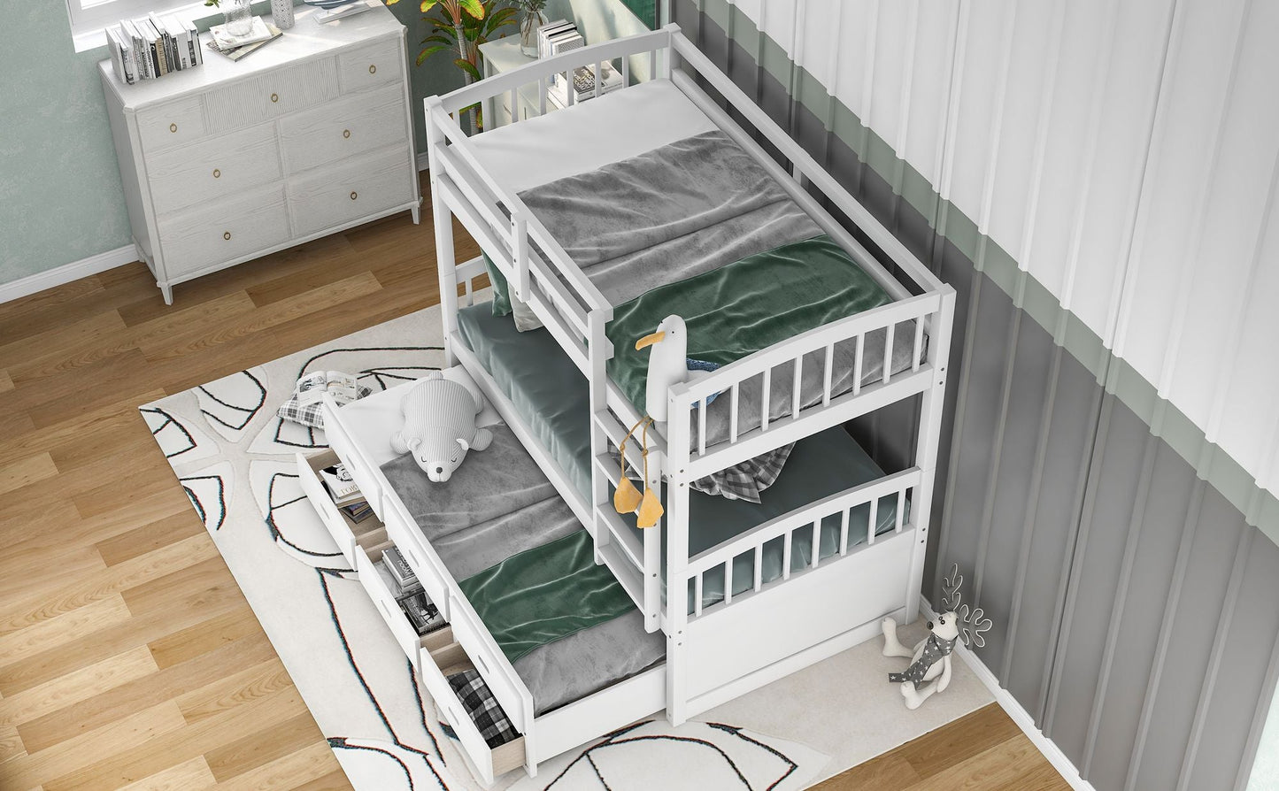Space-Saving Twin Over Twin Wood Bunk Bed with Trundle and Drawers, White | Just Better Bunk Beds