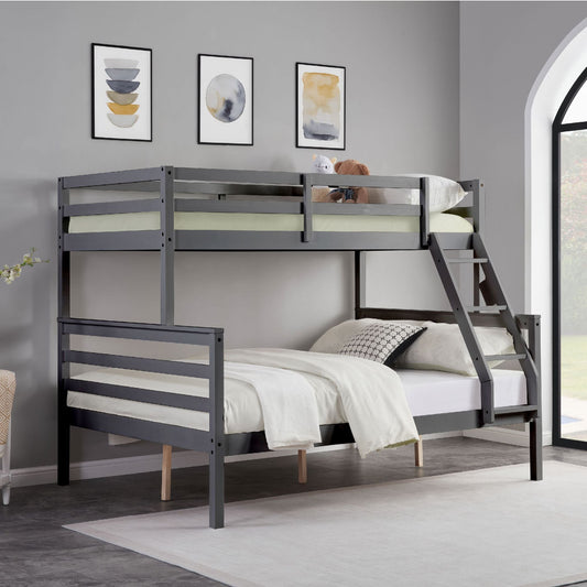 Shared Room Solution Twin Over Full Wood Bunk Bed, Gray with Ladder and High Guardrail | Just Better Bunk Beds
