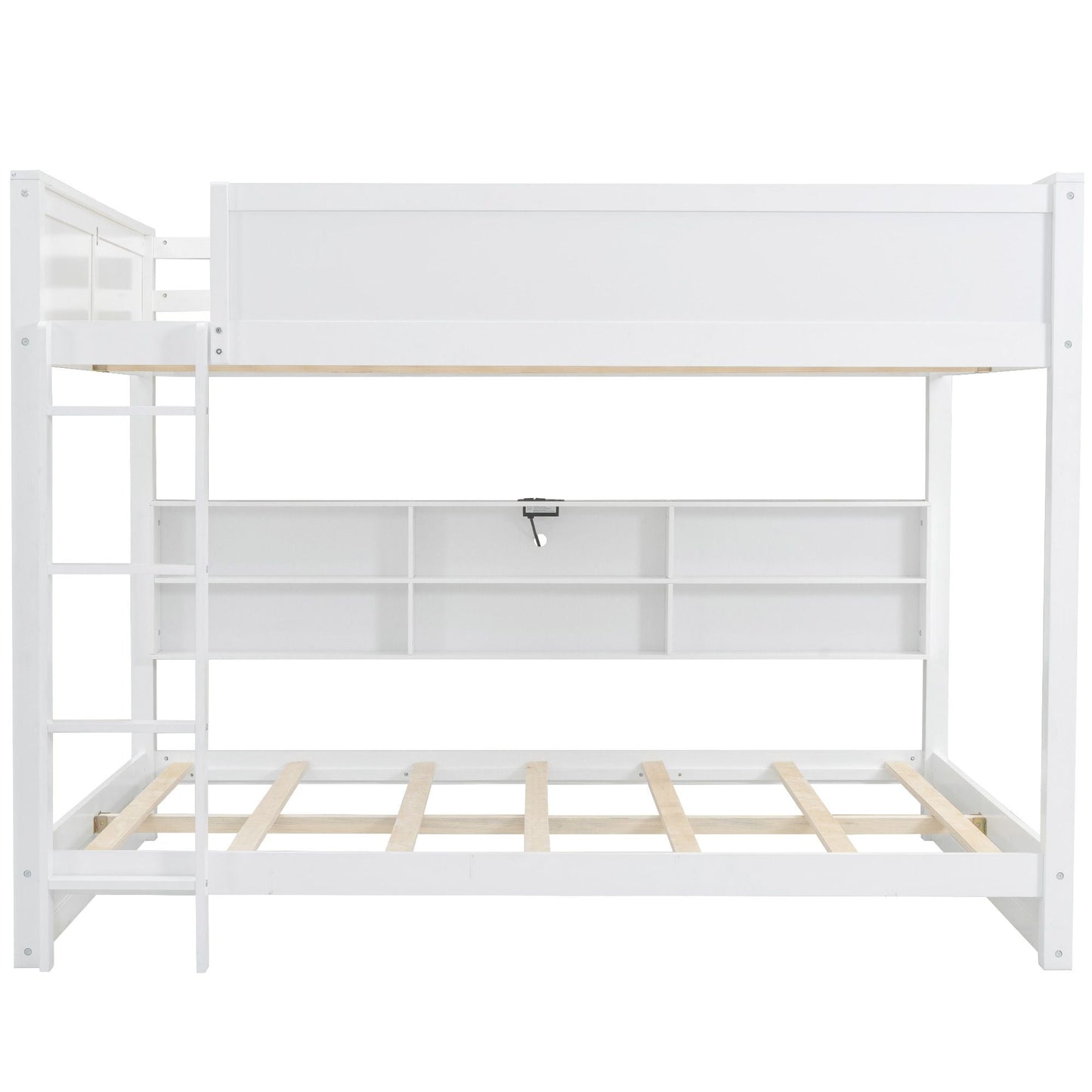 Shared Room Solution Queen Over Queen Wood Bunk Bed with Storage and USB Ports, White | Just Better Bunk Beds
