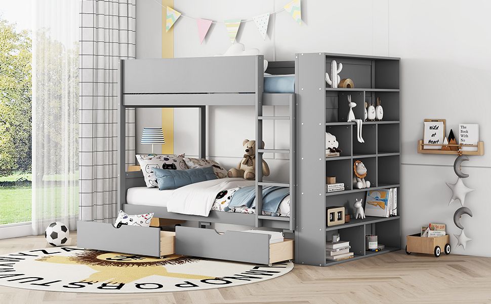 Twin over Twin Bunk Bed With 2 Drawers and Multi-layer Cabinet,  Gray