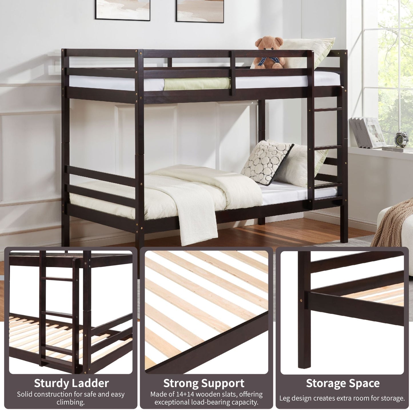 Twin over Twin Bunk Bed with Ladder,Wooden Bunk Bed with High Guardrail and Ladder for Kids, Teens, Dorm Rooms, and Guest Rooms,No Box Spring Needed,Espresso