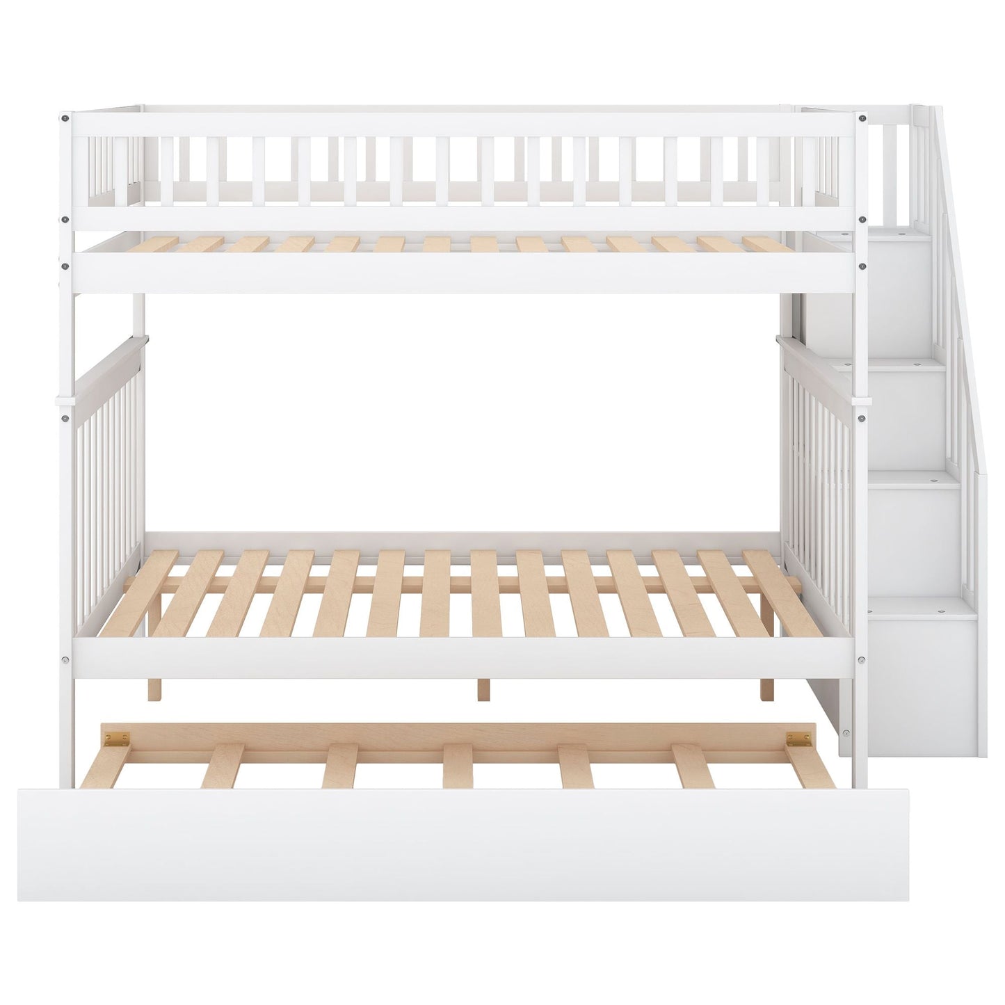 Staircase Storage Full Over Full Wood Bunk Bed with Trundle, White | Just Better Bunk Beds