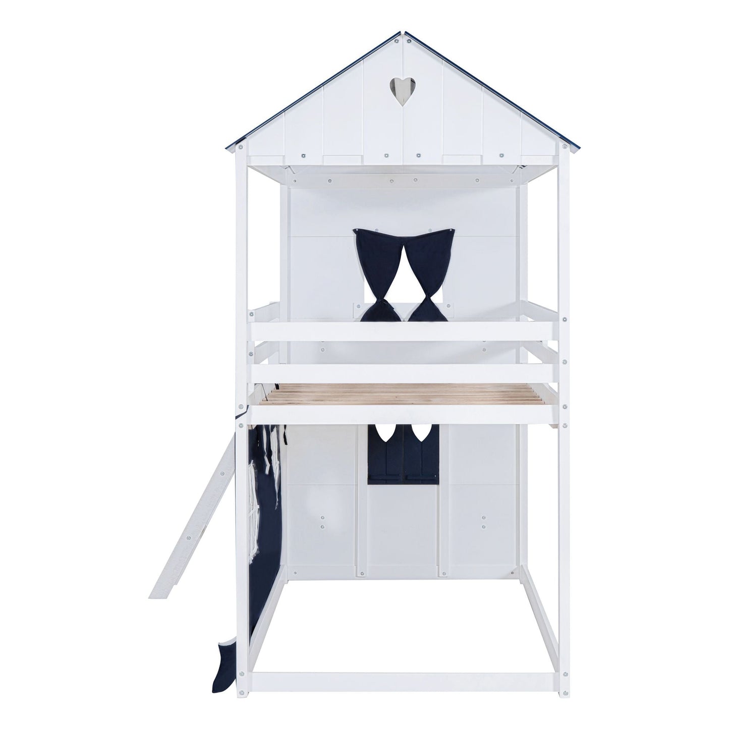 House-Style Twin Wood Bunk Bed with Elegant Windows, Sills, Tent, Blue and White | Just Better Bunk Beds