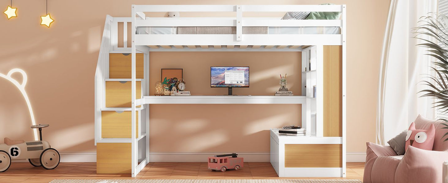 Space-Saving Full Wood Loft Bed with Desk, Shelves, Drawers, Storage Staircase, White and Natural | Just Better Bunk Beds