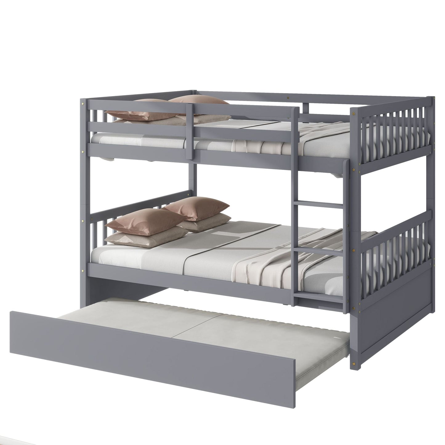 Convertible Full Over Full Wood Bunk Bed with Trundle and Ladder, Gray | Just Better Bunk Beds