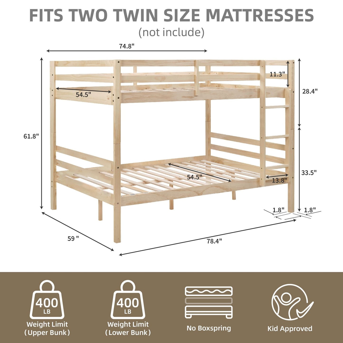 Dorm Room Full Over Full Wood Bunk Bed with Ladder and Guardrail, Natural | Just Better Bunk Beds
